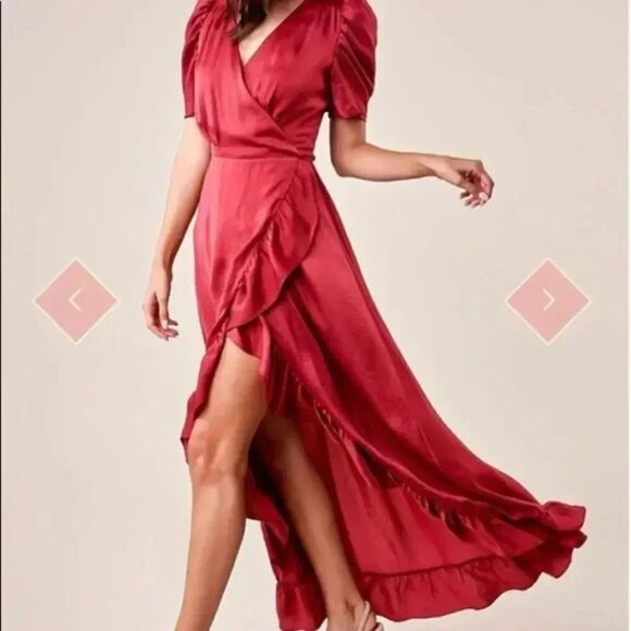 Sugar Lips Dress Womens Medium Burgundy Wrap High Low Hem Ruffle Tie Waist #084 - Picture 1 of 11